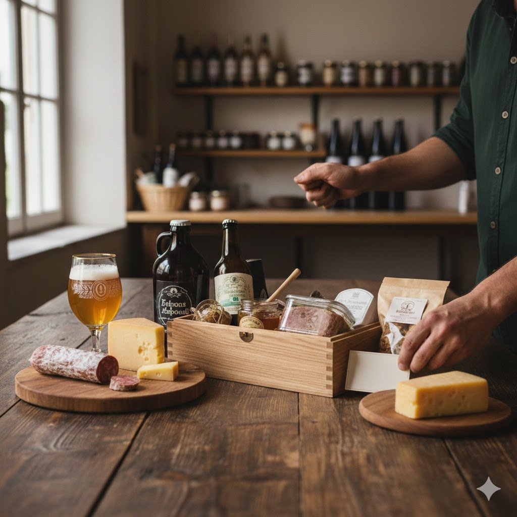 Un artisan en chemise verte présente avec soin un coffret cadeau en bois clair sur une table de ferme en chêne massif. Le coffret contient une sélection premium de produits du terroir : trois bouteilles de bières artisanales aux étiquettes épurées, des petits pots d'épicerie fine (terrines ou tartinables) et un sachet de biscuits artisanaux.

À côté du coffret, une planche à découper ronde présente un saucisson sec et des morceaux de fromage à pâte pressée, accompagnés d'un verre de bière ambrée à la mousse généreuse. En arrière-plan, une étagère en bois laisse apercevoir d'autres bouteilles et bocaux, renforçant l'ambiance authentique d'une boutique de producteur ou d'un atelier local. La lumière naturelle provenant d'une fenêtre à gauche apporte une atmosphère chaleureuse, soulignant la qualité et la fraîcheur des produits.